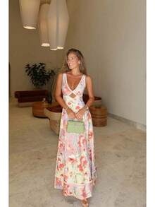 Women's Floral Print Maxi Dress, V-Neck Spaghetti Straps With Lace Trim & Cutout Detail For Beach & Vacation - 花色 - 查看 1