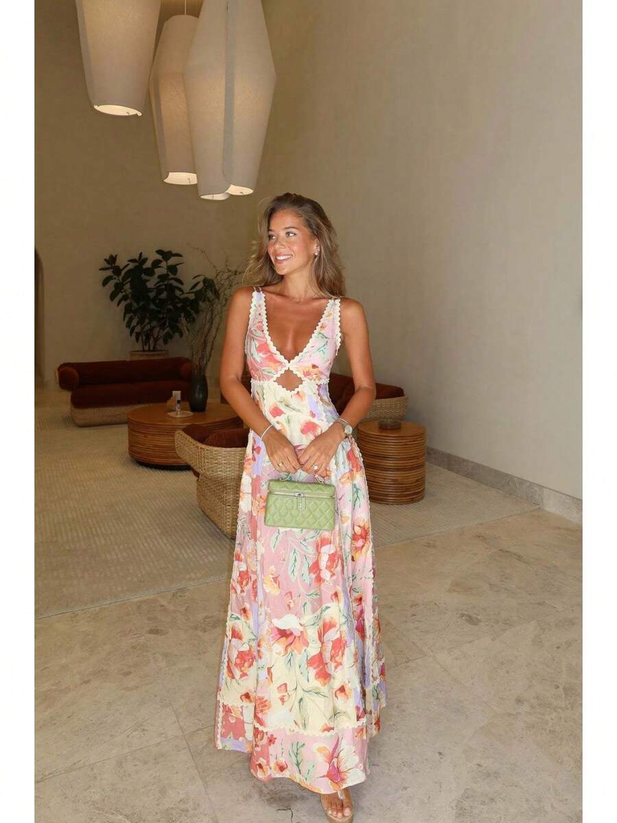 Women's Floral Print Maxi Dress, V-Neck Spaghetti Straps With Lace Trim & Cutout Detail For Beach & Vacation - 花色 - 查看 1