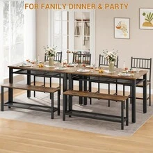 Conjunto de comedor compacto para 4 personas - Mesa de cocina moderna con 2 sillas y banco, estante de almacenamiento y estructura metálica - Perfecto para comedores, apartamentos o espacios pequeños - Marrón Chocolate - Ver 8