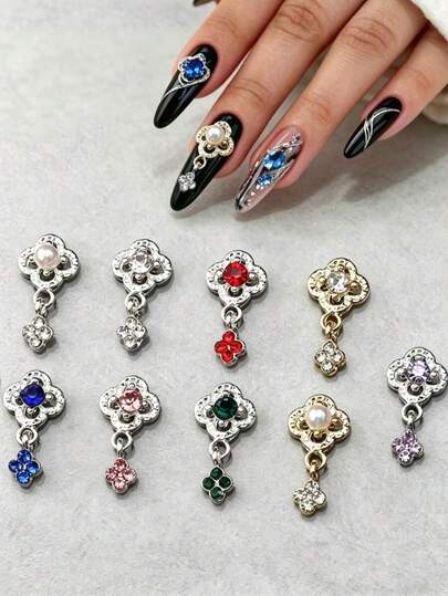10pcs Nail Charms, Flower Pendant With Diamonds, Gold And Silver Nail Charms, Luxury Y2K Metal Nail Supplies, White, Pink, Red, Green, Blue, Purple Rhinestones Nail Gems, Suitable For Multi-Functional DIY Accessories Nail Decoration