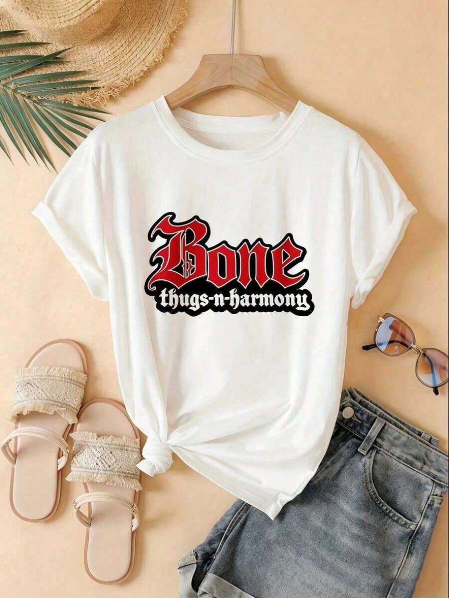 100% Cotton T-Shirt With Fun Print And Round Neck, Bone Thugs N Harmony Logo T-Shirt, Black, Short Sleeve, Graphic Design, For Men And Women, Urban Style, Casual Fashion, Suitable For Sporting Events, Parties, Outings, Sports And Other Christmas Gifts - Unisex, Suitable For Casual Daily Outings, Short Sleeve Summer T-Shirt, Retro Y2K Print T-Shirt. - 白色 - 查看 1