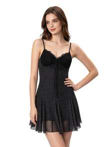 Minivestidos de mujer con estampado de lunares, de moda veraniega, sin mangas, con escote en V y bajo con volantes. - Negro - Ver 9