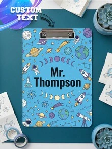 1pc Custom Text Space & Science Teacher Clipboard, Personalized Name Acrylic Clipboard With STEM Pattern, Science Teacher Clipboard With Metal Clip, Back To School Classroom Supply, Teacher Appreciation Gifts, Blue Cute Astronaut Clipboard, Alaxy & Planet Design - Multicolor - View 2