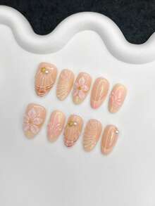 10 piezas de uñas postizas cortas ovaladas estilo Y2K, semimanufacturadas, con gel 3D amarillo, diseño francés, flores 3D, perlas doradas, strass y estrella de mar dorada, uñas de verano, uñas acrílicas falsas de ajuste completo, suministros de uñas adecuados para uso diario, trabajo y fiestas de mujeres, uñas postizas hechas a mano - Multicolor - Ver 5