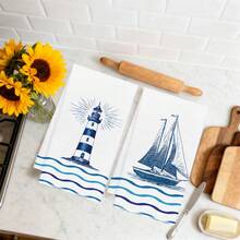 2pcs Blue Ocean Lighthouse, Sailboat & Wave Pattern Kitchen Towels, Rectangular Super Soft Microfiber Kitchen Towels, Dish Cloths, Cleaning Rags, Hand Towels, Cooking Baking Tea Towels, Kitchen Decor, Housewarming Gift, Birthday Gift, Bathroom Cleaning Wipes, Decorative Towels - Multicolor - View 7