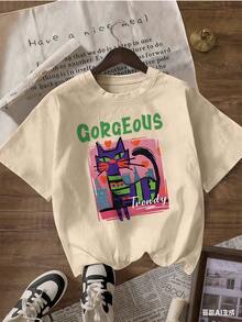 Purple Cat T-Shirt With Art Style And "Gorgeous" Text, Fashionable Short-Sleeve T-Shirt For Spring/Summer 2026, Made In Mexico, 180 Grams. Cartoon Print, Couple Design, Suitable For Indoor Or Outdoor Wear. Crew Neck, Unisex, Ideal For Office And Leisure. One-Pack. - APR-P631577SLNDXZGY612 - 查看 3