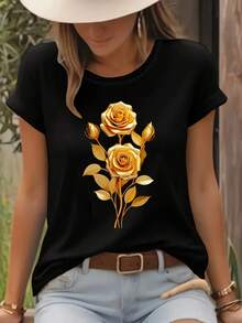 Women's Printed T-Shirt - Casual Short Sleeve Crew Neck T-Shirt In Black With Gold Rose Graphic, Relaxed Fit For All Seasons, Perfect For Everyday Wear And Holiday Outfits (Machine Washable), Paired With Light Blue Jeans. - 黑色 - 查看 1