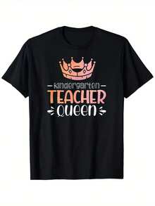 | Exquisite Design | Loose And Comfortable | Easy To Match | Women's Kindergarten Teacher T-Shirt - Black T-Shirt With Kindergarten Teacher And Pink-Orange Crown Print - 180gsm Thick Cotton, Loose Fit, Teacher's Day Gift, Sizes XL To XXXXXXL, Plus Size Casual T-Shirt, Durable Design, School Teacher Clothing, Plus Sizes - 黑色 - 查看 7