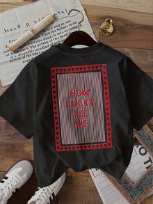 | Exquisite Design | Loose And Comfortable | Easy To Match | [Double-Sided Print] Fashionable Women's Top, Summer Clothes For Women, Simple Style, Heart Print, Stripes, Lucky Print, Round Neck, Short Sleeve, Pure Cotton T-Shirt. - 黑色 - 查看 3