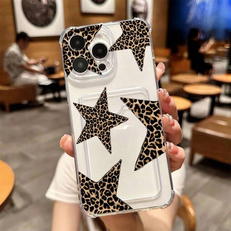 1 unidad Estrellas con estampado de leopardo Funda para iPhone 17 E, protección anticaída con airbag reforzado en las cuatro esquinas, tarjetero invisible integrado en la parte trasera, compatible para tarjeta personal, carnet de conducir, tarjeta de acceso y tarjeta de transporte, funda protectora antigolpes portátil con ranura para tarjetas, diseño sencillo y elegante, ideal para uso diario, desplazamientos y viajes - transparente - Ver 1