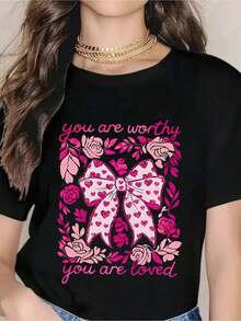 Women's T-Shirt "You Are Worthy, You Are Loved" With Pink Bow And Roses Design For Women And Girls, Valentine's Day Gift, Motivational T-Shirt - 黑色 - 查看 7