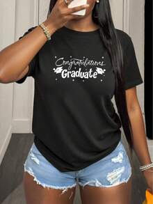 Women's Summer Casual T-Shirt, Women's Fitted Round Neck T-Shirt, Women's Casual T-Shirt, Soft And Comfortable Short Sleeve Top, Graduation Congratulations Print, Modern And Elegant Design, Perfect For Graduation Parties And Celebrations. - 白色 - 查看 7