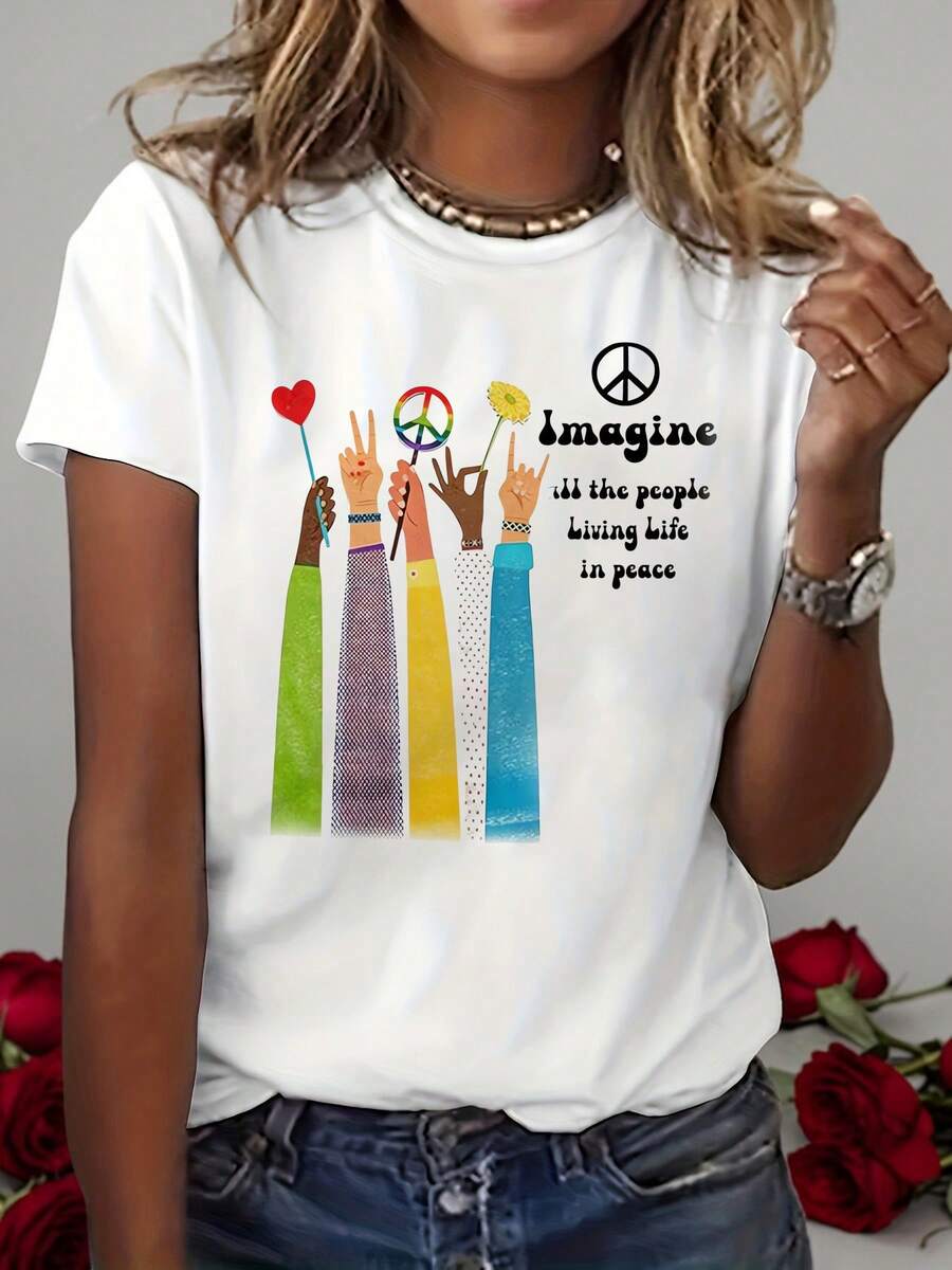 Women's Casual Summer T-Shirt With Peace Illustration Print, Inclusive Themed Short Sleeve Top, Versatile Round Neck T-Shirt For Women - 白色 - 查看 1