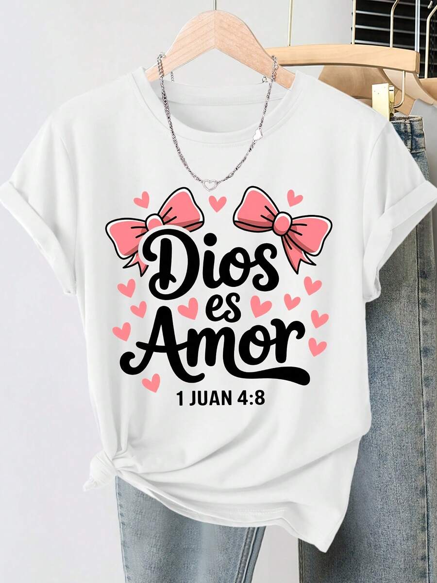 Vintage Round Neck Short Sleeve T-Shirt, Loose And Cool Style, With "God Is Love" Print And Pink Bow, Sweet And Elegant Style, Versatile Women's Clothing, Ideal For Spring/Summer 2026, Available In Sizes S-XXL, 100% Cotton. - 白色 - 查看 1