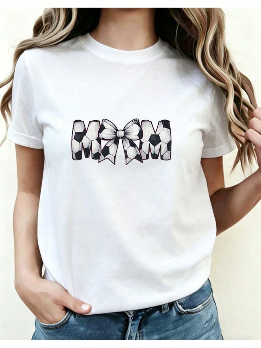 Women's Casual Short-Sleeved T-Shirt With Football Print And Mom Bow, Soft And Stretchy Fabric, Machine Washable, Comfortable For All Seasons, Suitable For Daily Wear, Women's Round Neck Print Top For All Seasons. - 白色 - 查看 1