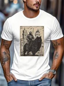 This Short-Sleeved Summer T-Shirt Features A Vintage-Style Print Of A Knight Riding A Cat, Suitable For Both Men And Women. The  Black Background With A Distressed Texture And Whimsical Motif Is Full Of Personality, Fun, And A Touch Of . The Relaxed Fit Is Comfortable And Versatile, Machine Washable, And Makes A Romantic Gift For Those Who Love Fantasy Culture Or Unique Outfits. - 白色 - 查看 8