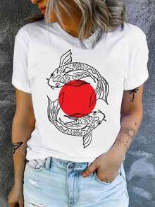 A Classic And Versatile Piece: A Short-Sleeved, Pure Cotton T-Shirt Printed With A Japanese Koi Fish Design. Modern Style. - White - View 7