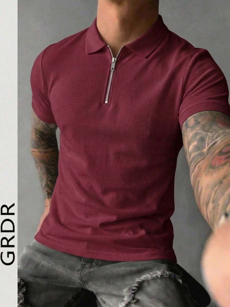 GRDR 男士拉链 Polo 衫，复古领上衣，夏季休闲装