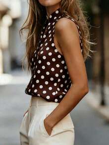 Blusa de mujer casual sin mangas con estampado de lunares, cuello en V, top de mujer, camiseta de mujer, con lunares, retro, diaria, de verano, de vacaciones - Marrón - Ver 4