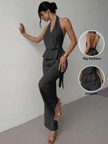 de dos piezas de top sin mangas con cuello en V asimétrico elegante y romántico, y pantalones rectos holgados de color caqui, adecuado para verano, playa, vacaciones - Gris Oscuro - Ver 9
