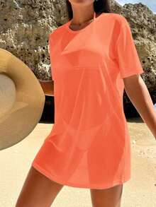 Vestido kaftan de mujer de unicolor con cuello redondo y manga corta, para usar en vacaciones - Naranja Quemada - Ver 5