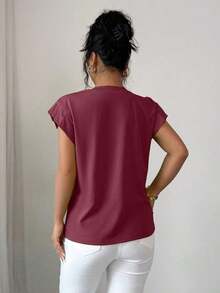 Camiseta casual de mujer con cuello redondo, manga de murciélago plisada y aplicaciones, para verano - Burdeos - Ver 2