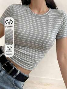 Camiseta de manga corta minimalista de unicolor para mujer, uso casual de todos los días en verano - Gris - Ver 7