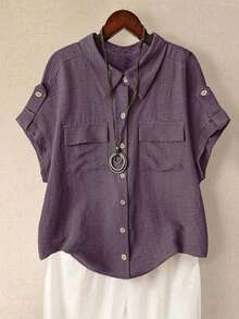 Camisa casual de moda cómoda para mujer de talla grande, de unicolor, con cierre de botones completo, cuello de solapa, manga corta y bolsillos dobles - Púrpura polvoriento - Ver 4