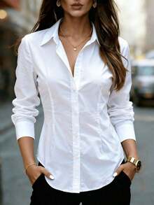 Camisa de mujer de manga corta con botones, diseño de cuello, detalle de volante en la cintura, blusa casual de ajuste ceñido para ir al trabajo, adecuada para uso diario en primavera, verano, otoño e invierno Blanco - Blanco - Ver 10