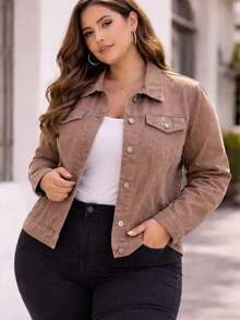WOMEN'S CASUAL PLUS SIZE JEANS JACKET - Mocha Brown - View 2