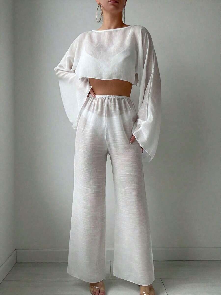Conjunto de 2 piezas para vacaciones de primavera de mujer con top con cintura entrelazada de unicolor y manga larga holgada que deja el ombligo al descubierto, estilo bohemio de festival - Blanco - Ver 1
