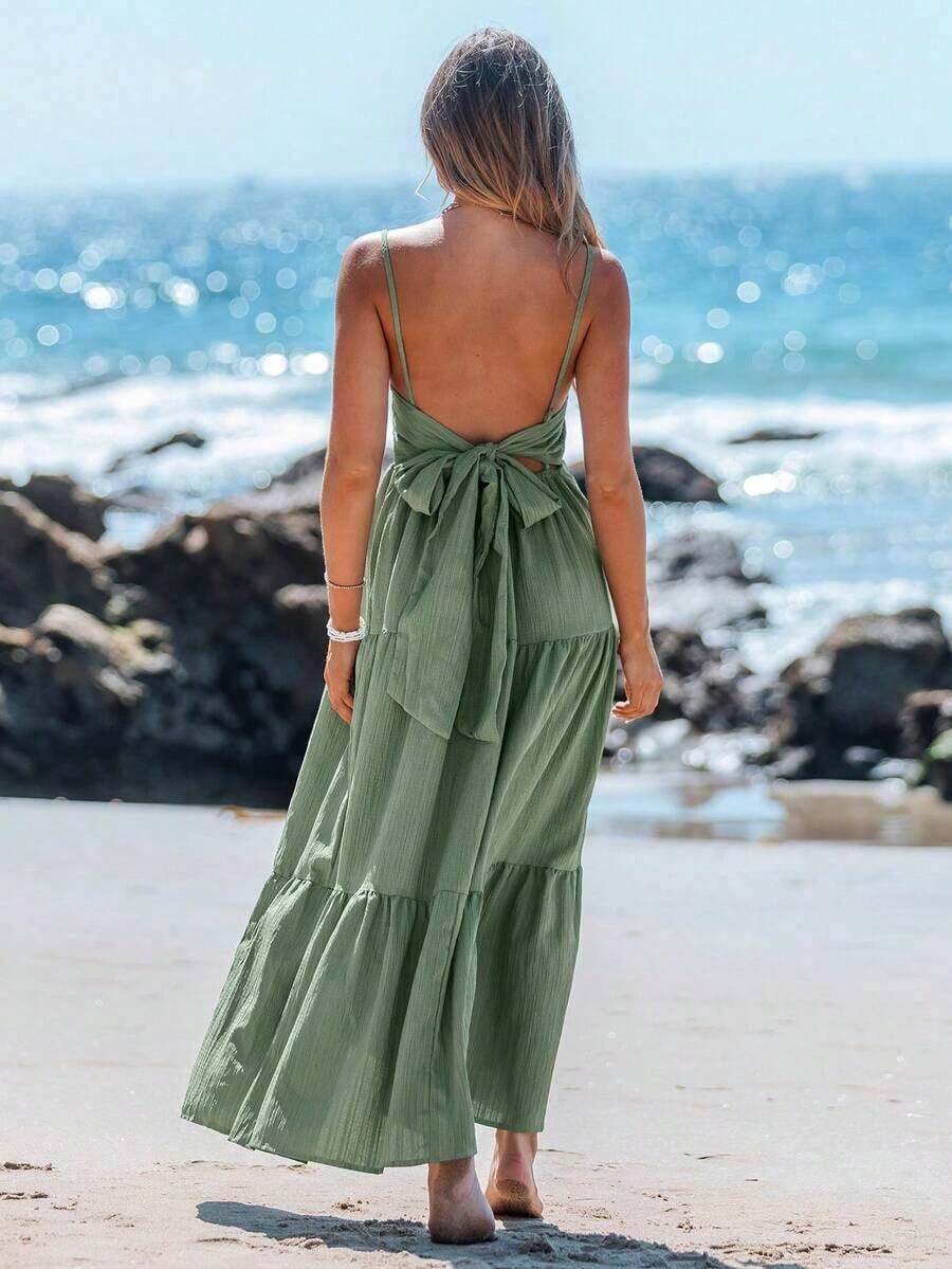 Vestido casual sin mangas con lazo para primavera y verano, atuendos de verano para mujer, vestidos de verano para mujer, atuendos de vacaciones, vestido de playa de verano para mujer, vestido de vacaciones estilo boho y fairycore, vestido sin esp - Verde 2 - Ver 1