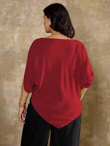 Blusa asimétrica de manga corta y hombros casuales franceses para mujer de talla grande - Rojo - Ver 2