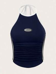Top de tirantes casual con cuello de halter y pliegues con estampado de letras para mujer - Azul marino - Ver 1