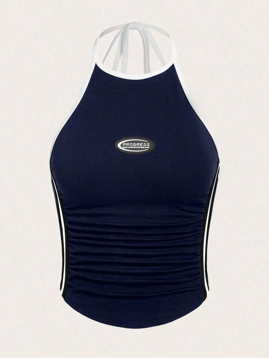 Top de tirantes casual con cuello de halter y pliegues con estampado de letras para mujer - Azul marino - Ver 1