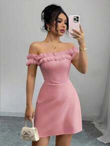 Vestido midi romántico para mujer con hombros descubiertos y corte en la cintura - Rosa Pálido - Ver 8