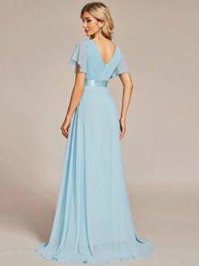 Vestido de dama de honor con cuello en V elegante, mangas con volantes y mariposa, color verde salvia, vestido de invitada de boda, vestido de primavera semi-formal para boda, fiesta de cumpleaños, graduación, Día de San Valentín - Celeste 2 - Ver 2