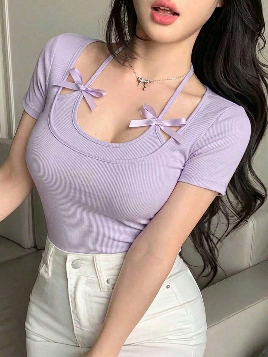 Camiseta de manga corta ajustada casual y sexy con decoración de lazo halter para mujer - Morado - Ver 1