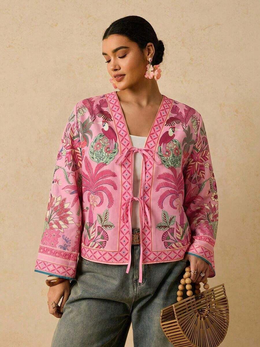 Camisa casual versátil de uso diario con estampado floral y nudo delantero para mujer de talla grande - Rosa - Ver 1