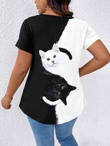 Camiseta de mujer de talla grande con cuello en V y estampado - Multicolor 2 - Ver 2
