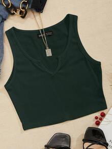 Top corto de punto acanalado de unicolor minimalista para uso casual y de oficina para mujer - Verde Oscuro - Ver 3