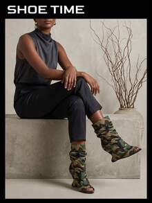 Women's Slouch Mid Calf Peep Toe Wedge Boots Fashion Ruched Pull On Dress Booties - Kamuflase - View 1