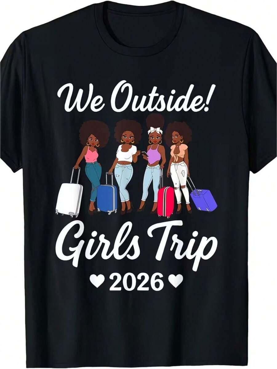 1 T-Shirt Of The Same Style For Girls' Trips And Group Vacations In 2026. | Unisex, Summer, Short Sleeve, Printed, Solid Color, 180G, Round Neck, Slightly Elastic, Loose Fit, Very Suitable For Adults, With Graphic Print, 100% Cotton. - 黑色 - 查看 1