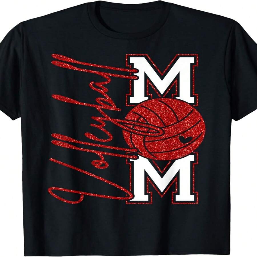 Camiseta de voleibol decorada para el Día de la Independencia/Día del Padre, ideal para el Día de los Juegos de Mamá. Dise?o unisex, camiseta estampada de manga corta para verano de 2025, 220 g de algodón puro. - Negro - Ver 1