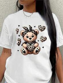 This Lightweight And Durable Short-Sleeved T-Shirt Features A Cute Leopard-Print Bear Design, Making It Perfect For Casual Outings At Home Or A Coffee Shop. It's An Ideal Choice For Everyday Comfort And Style. - 白色 - 查看 1