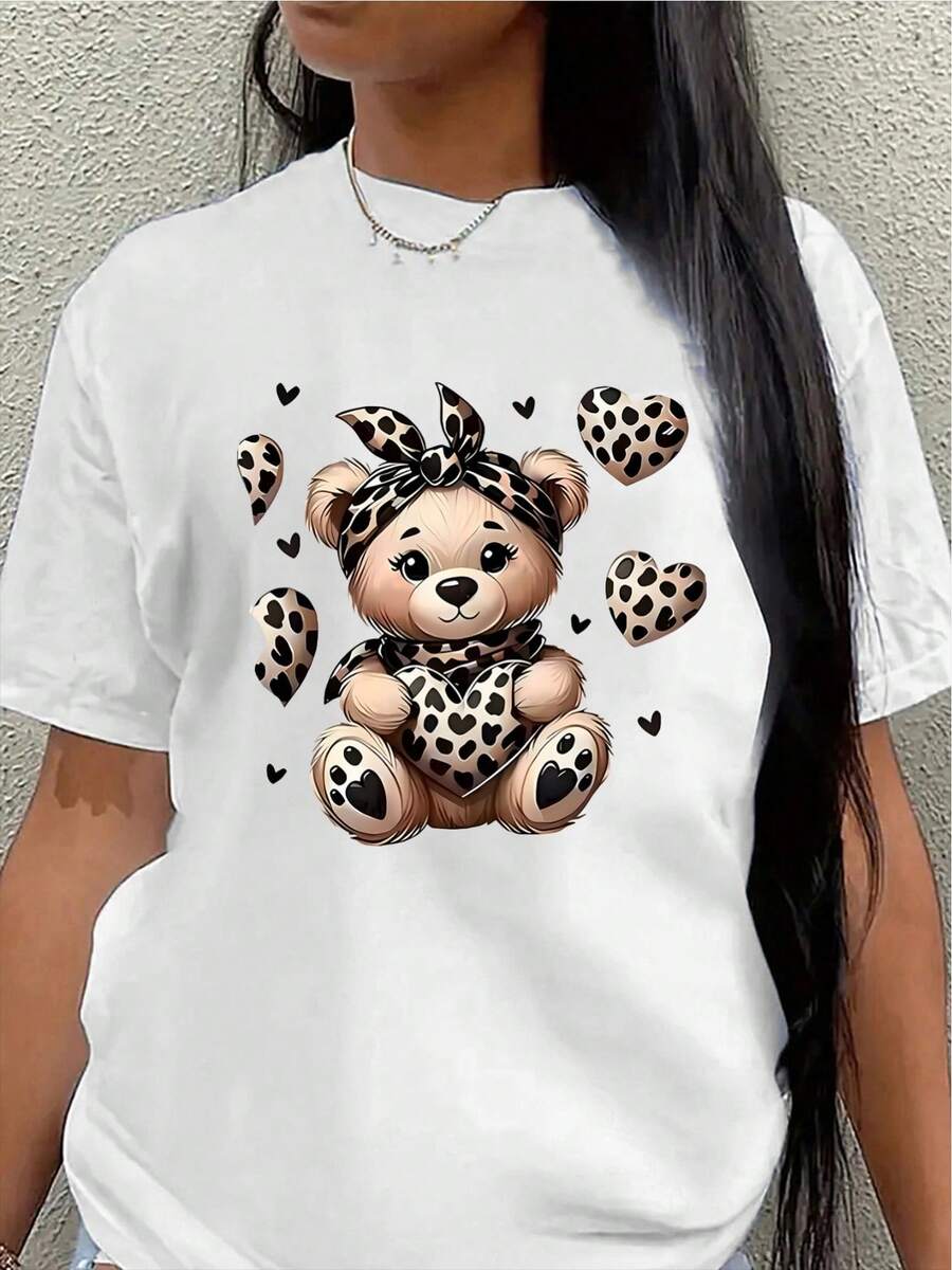 This Lightweight And Durable Short-Sleeved T-Shirt Features A Cute Leopard-Print Bear Design, Making It Perfect For Casual Outings At Home Or A Coffee Shop. It's An Ideal Choice For Everyday Comfort And Style. - 白色 - 查看 1