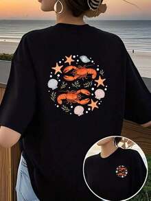 Under The RadarCamiseta de mujer con estampados frontales y traseros, con motivos de langosta y estrella de mar, cuello redondo, mangas cortas modernas y casuales, adecuada para entrenamientos en todas las estaciones y uso diario, con un diseño estampado divertido. Camiseta unisex de algodón holgada de manga corta y cuello redondo estilo vintage urbano - Negro - Ver 7
