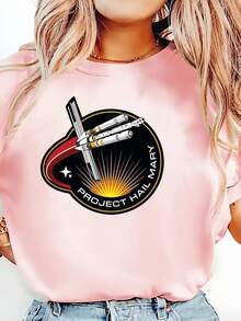 Women's Casual Short Sleeve T-Shirt With "Rescue Plan" Project Hail Mary Mission Badge Print - Women's Casual Crew Neck T-Shirt, Soft Polyester Blend, Loose Fit, Spring/Summer Fashion Essential. - 白色 - 查看 7
