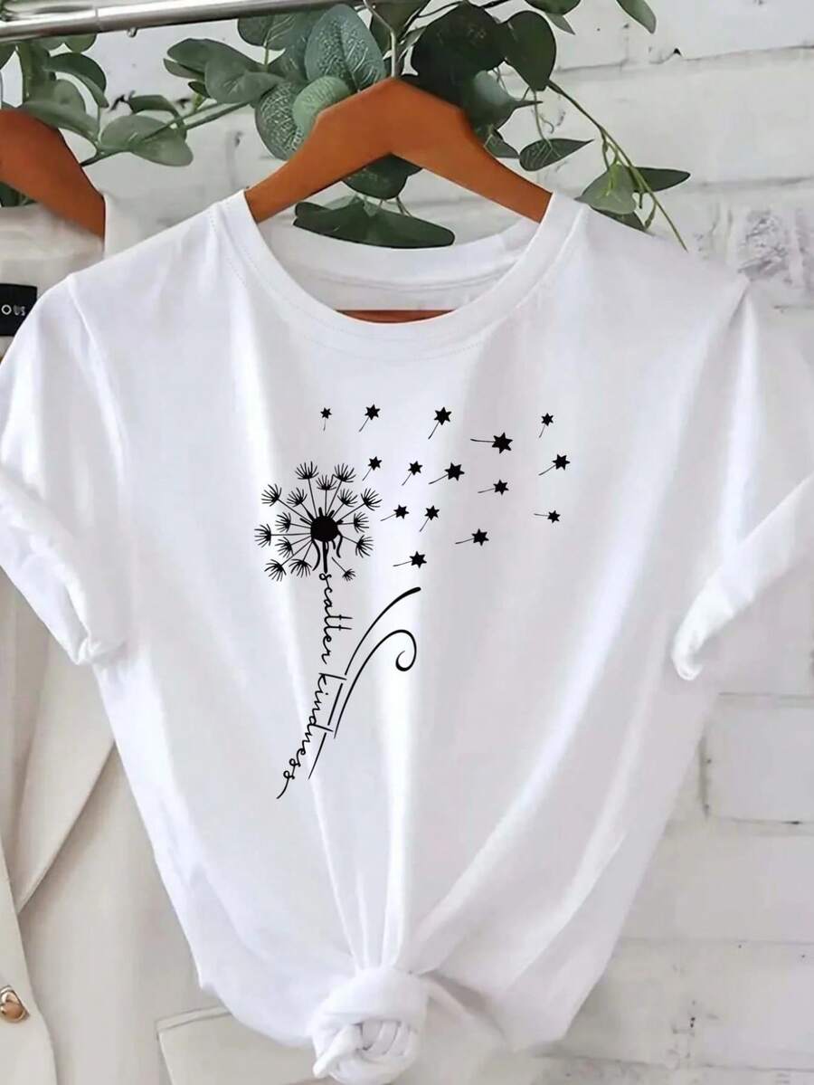 Women's Lightweight And Breathable One-Piece Summer Top With A Relaxed Fit, Round Neck, Short Sleeves, And A White Base With A Black Floral And Star Print. This Breathable Casual Top Is Perfect For Spring And Summer. Machine Washable, It Makes A Great Gift And Is Suitable For All Seasons. A New Summer Fashion Arrival, It's Also Ideal For Beach Parties And Layering In Spring And Fall. - 白色 - 查看 1