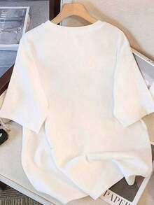 1 Piece Of Cotton English Print Mid-Length Short Sleeve T-Shirt, White, Women's Top, Elegant Graphic Print, 180g, 100% Cotton. - 白色 - 查看 5